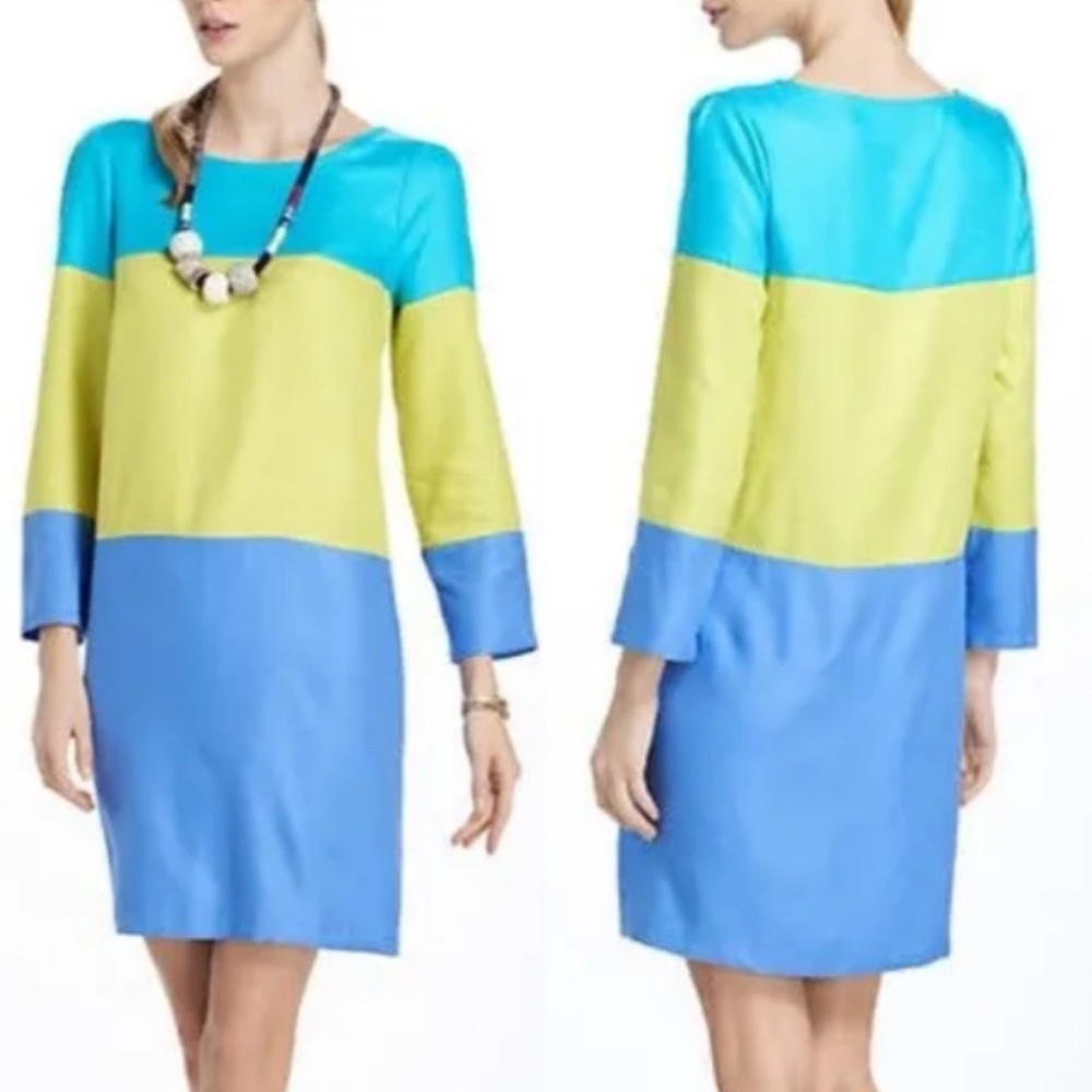 Anthropologie Maeve‎ Colour Block Shift Dress Yellow Blue Size 4 USA Made Mini